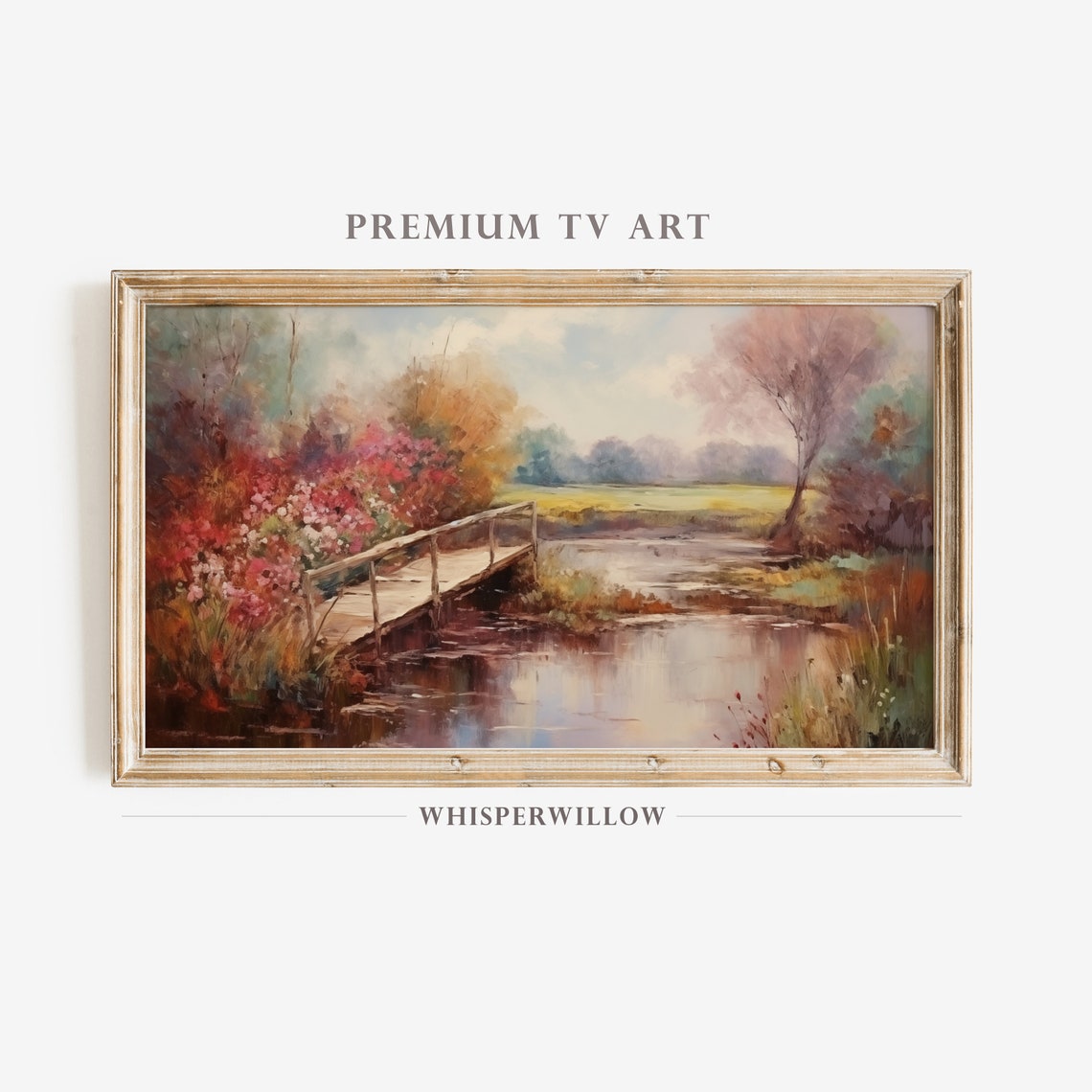 Romantic Wooden Footbridge Flowering Stream Antique Nature Poster