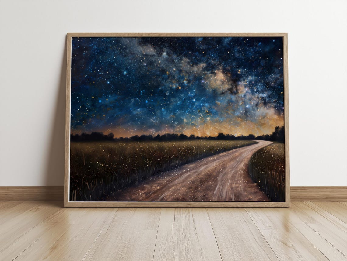 Starry Milky Way Landscape Painting Vintage Art Night Sky Nature Wall Decor Twinkling Glowing Sunset Art - Image 5