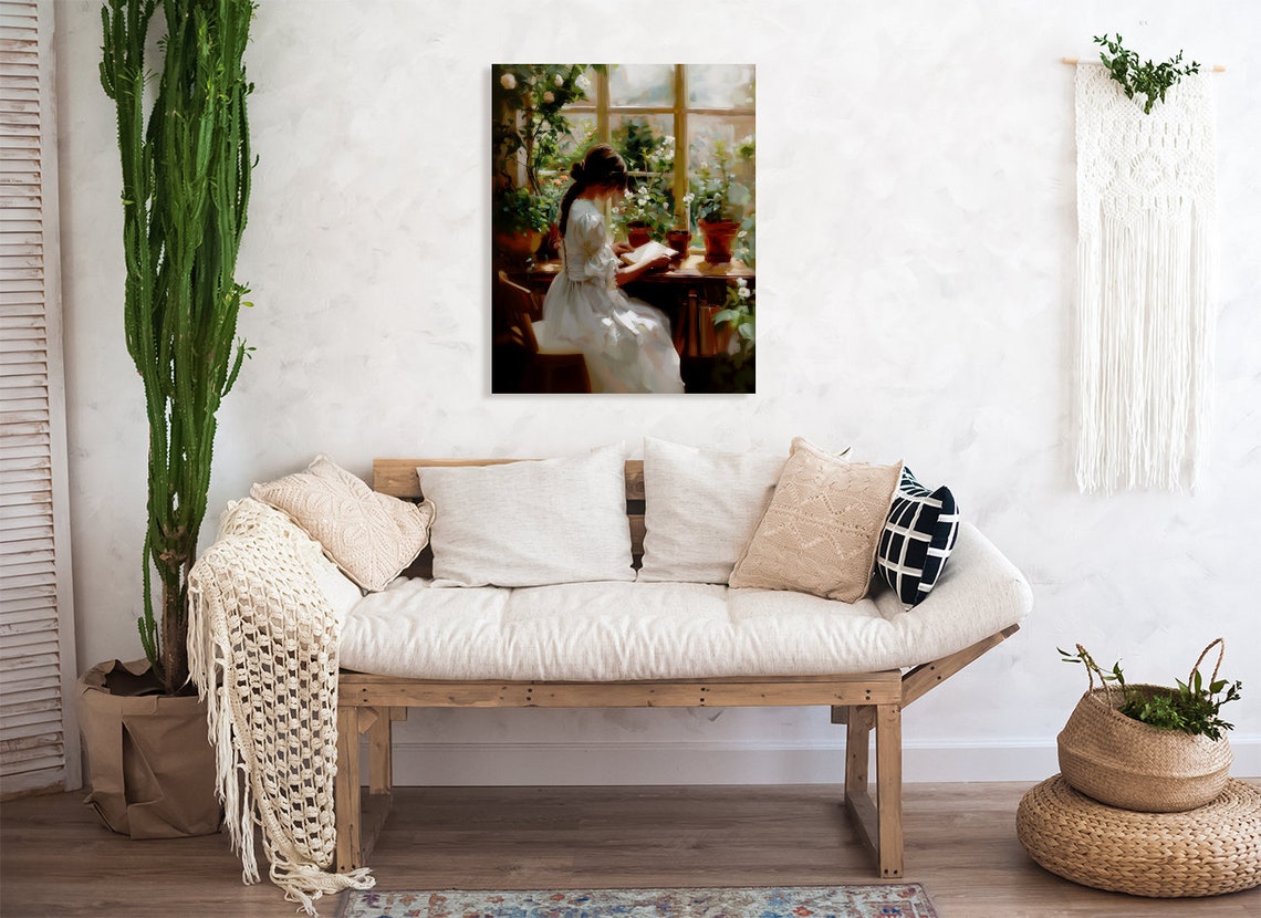 Young Girl Reading Sunny Window Potted Plants Vintage Painting Poster - Image 3