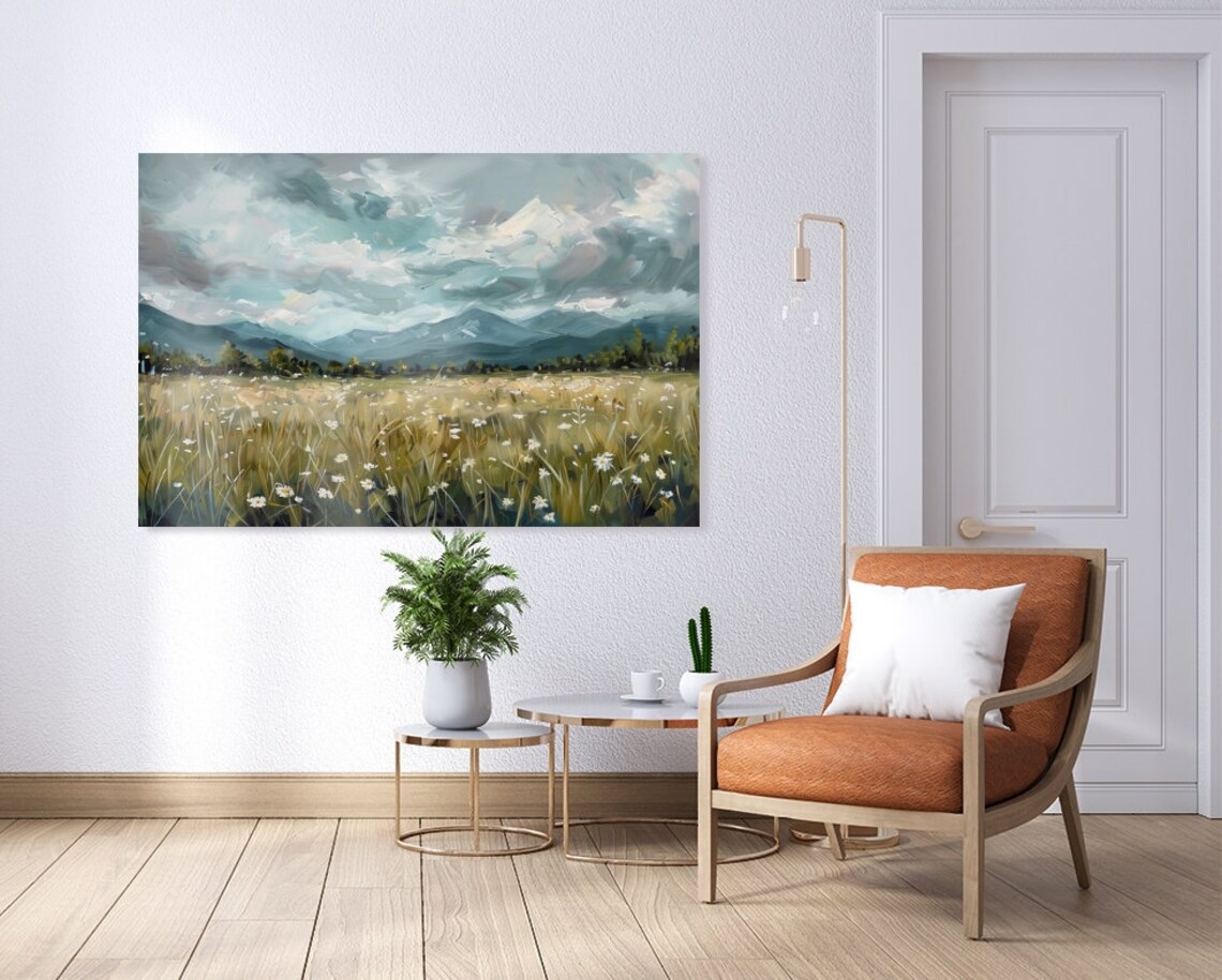 White Wildflowers and Mountains Oil Painting Art Print - Image 2