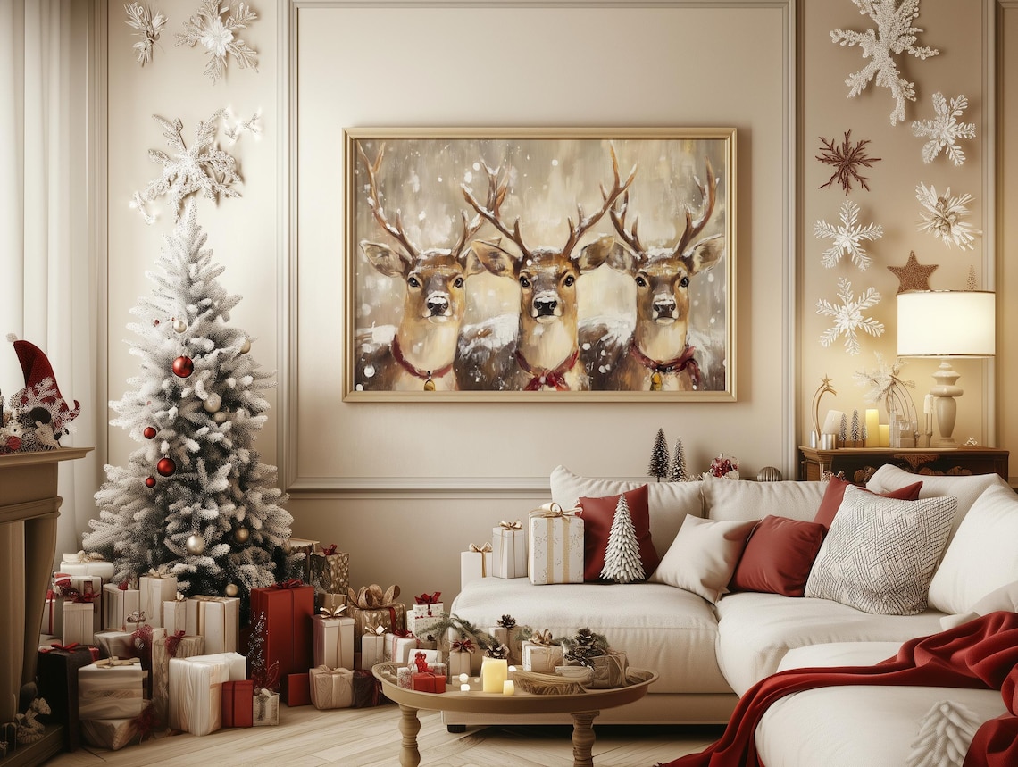 Holiday Reindeer Trio Winter Scene Art Print - Image 3