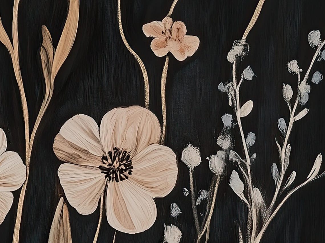 Neutral Wildflower Botanical Black Background Beige Blooms Print - Image 6