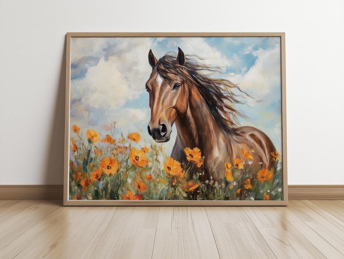Majestic Brown Horse Orange Poppies Field Sunny Meadow Painting Poster - Image 5
