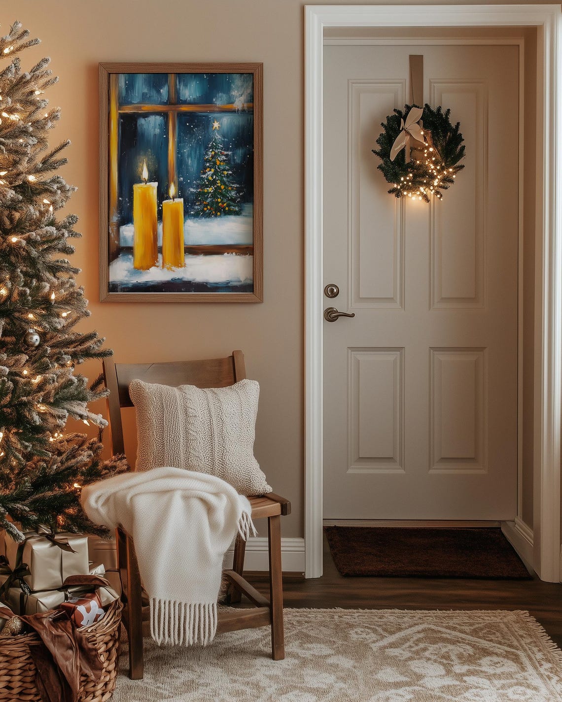 Lit Candles on a Snowy Windowsill with a Christmas Tree Poster - Image 4