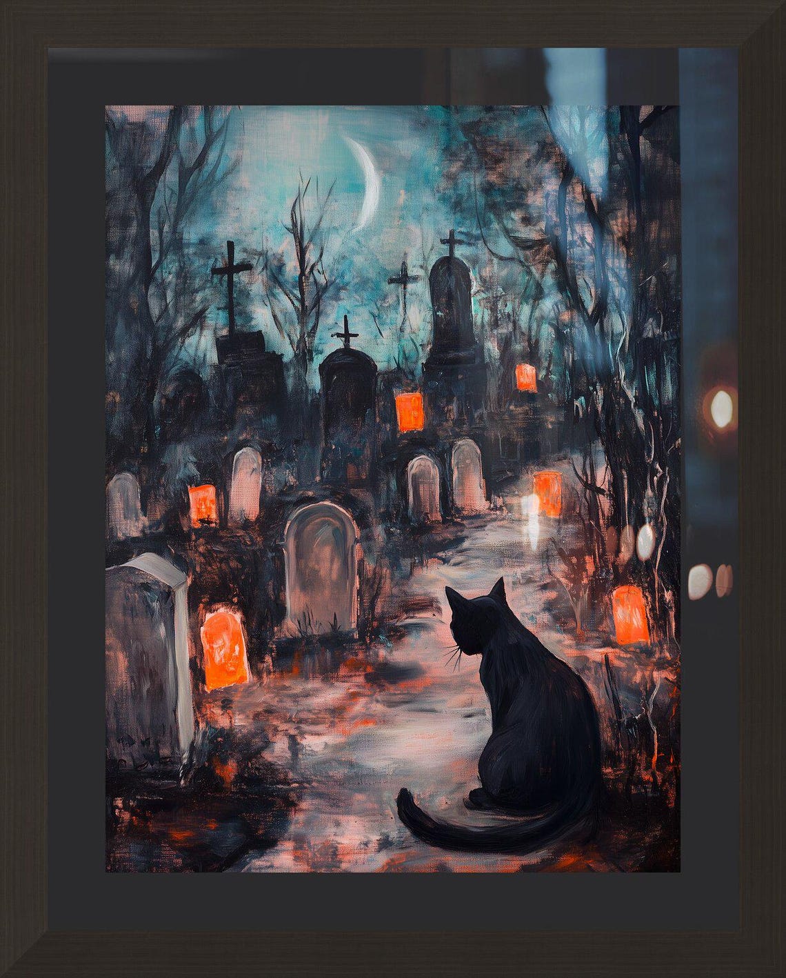 Black Cat in a Moonlit Cemetery Halloween Pumpkin Art Poster - Image 2