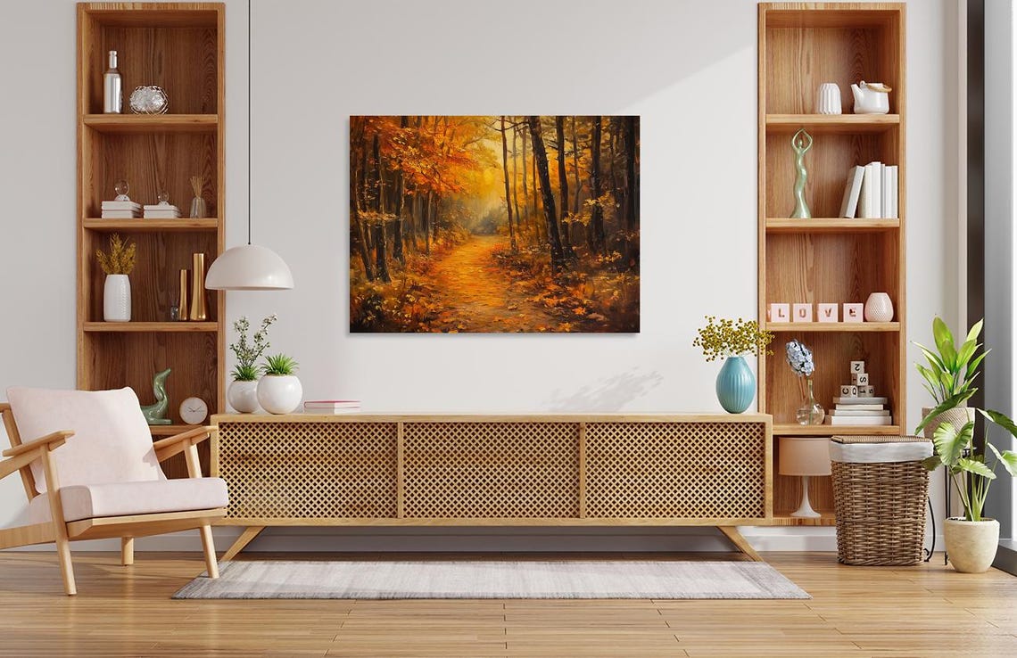 Autumn Orange Glow Forest Pathway Painting Golden Fall Poster - Image 2