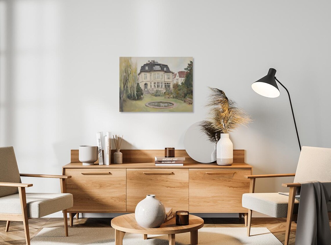 Grand European Villa with Garden Fountain Oil Painting Poster - Image 2