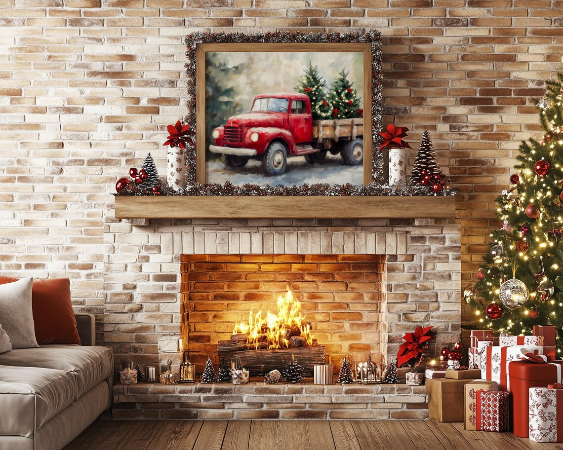 Vintage Red Truck Carrying Christmas Trees Through Snow Poster - Image 4