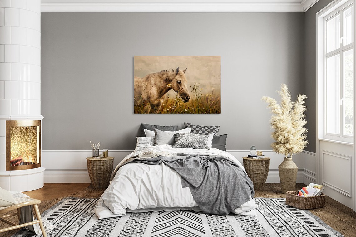Cream Horse Grazing in Wildflower Meadow Vintage Style Poster - Image 3