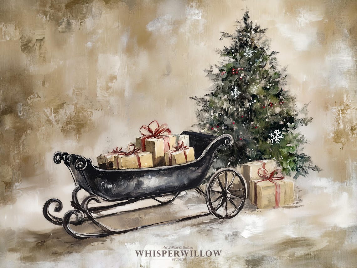 Vintage Sleigh with Christmas Gifts beside Decorated Tree Poster - Image 6