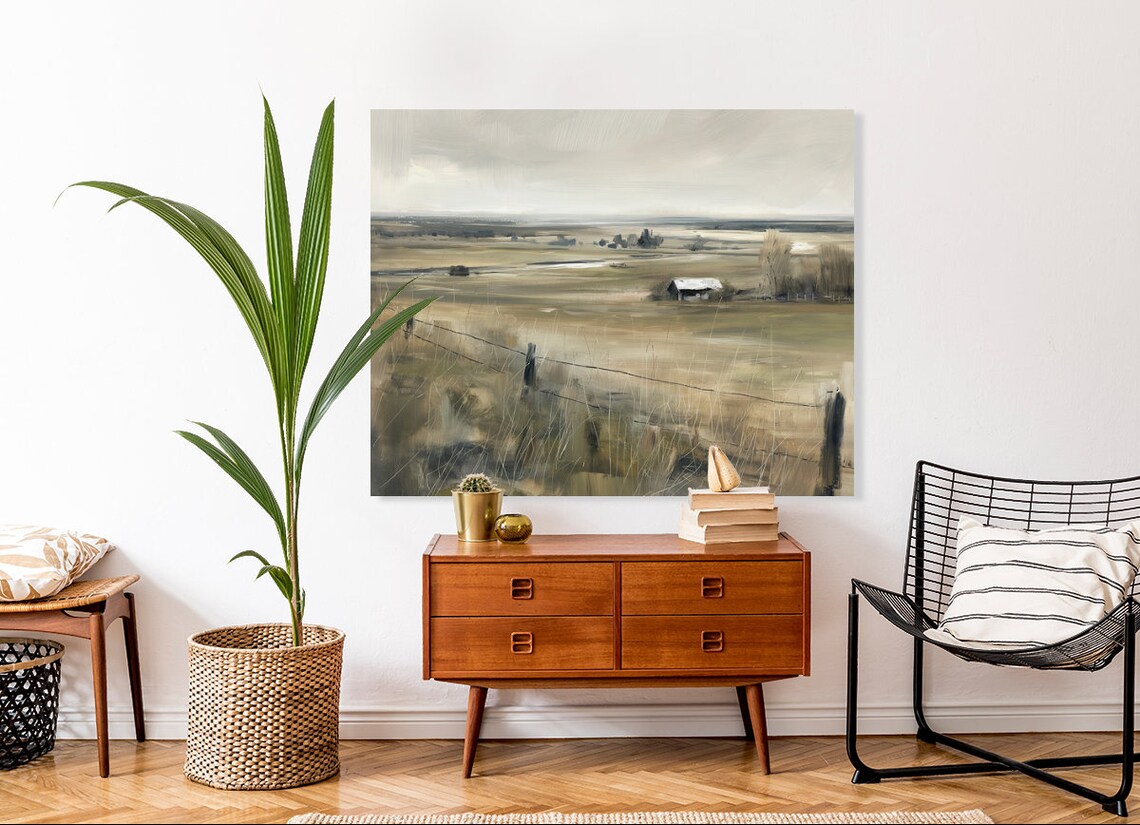 Misty Autumn Prairie Barn and Fence Line Vintage Landscape Poster - Image 3