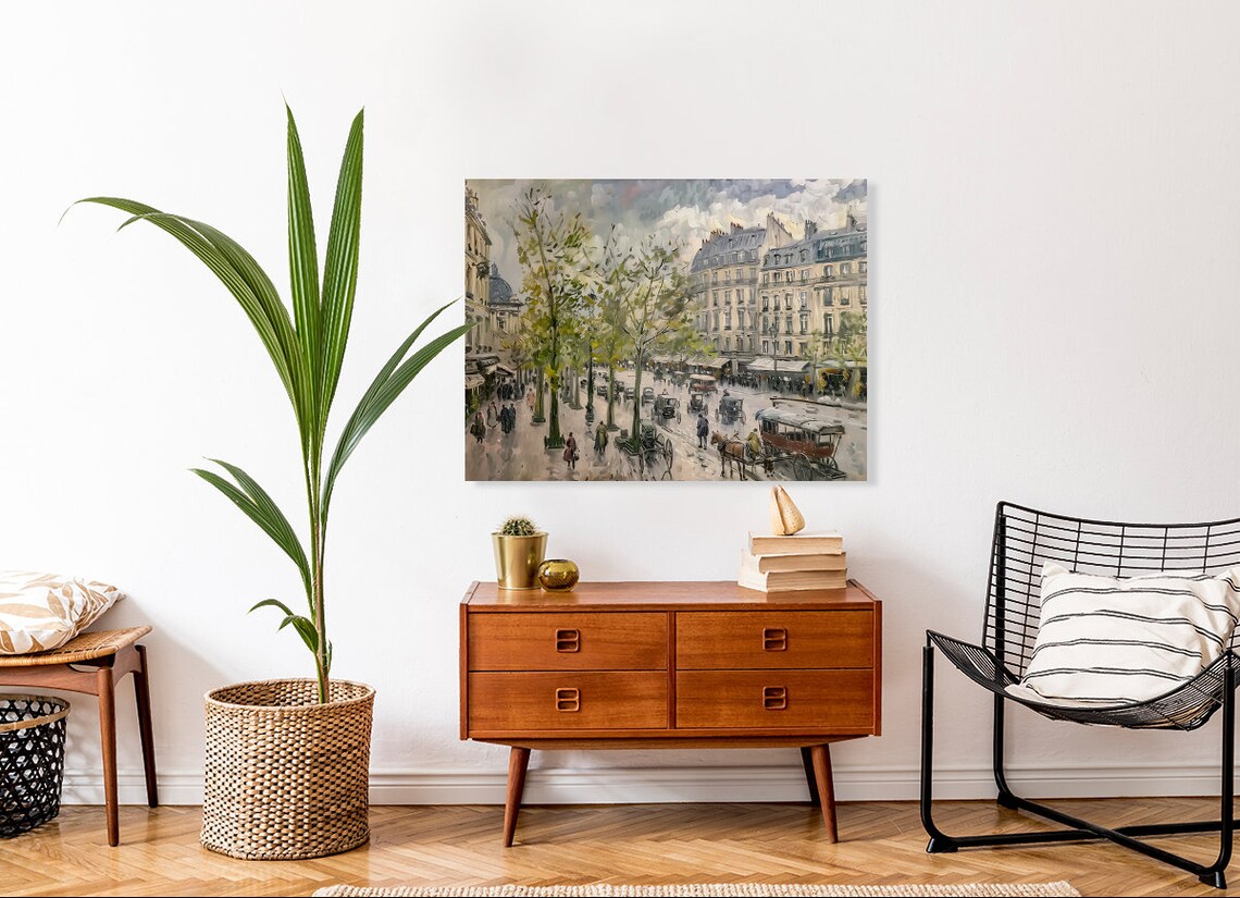 1880s Paris Street With Horse Carriages Vintage European Art Poster - Image 4