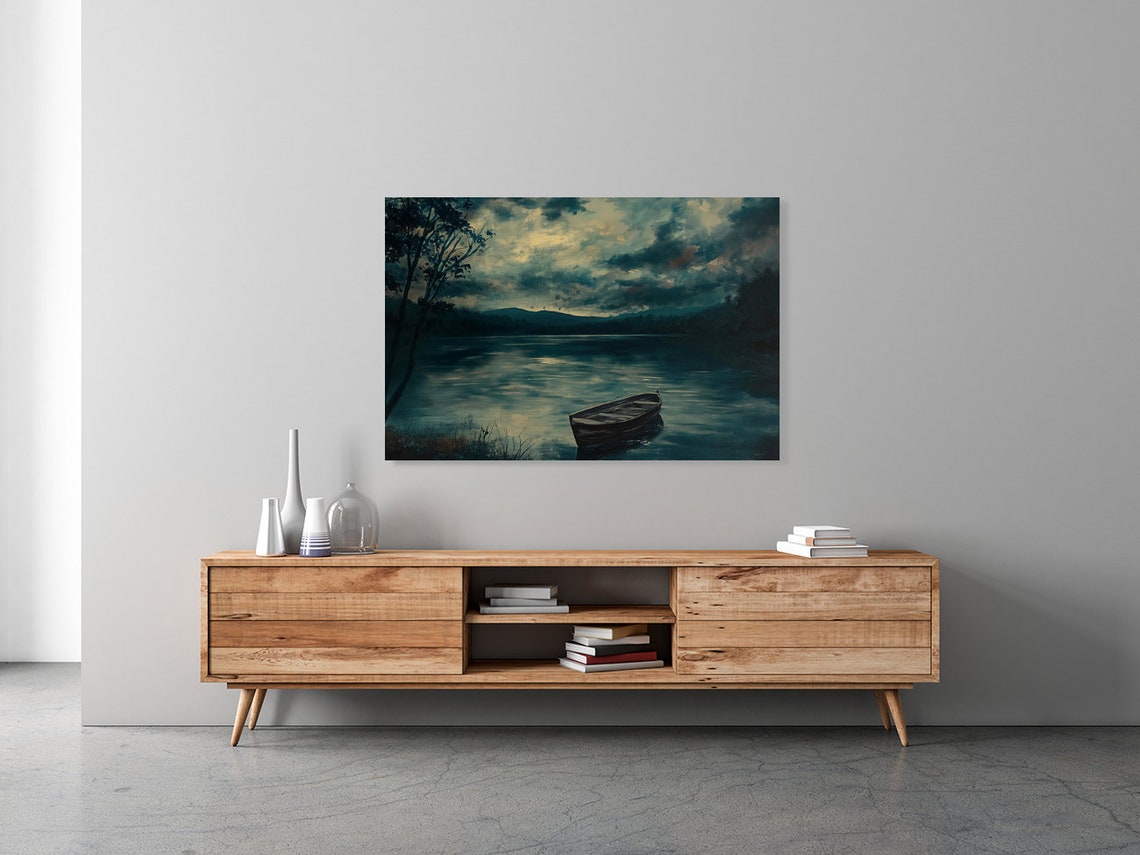 Moonlit Lake With Lone Rowboat Dark Moody Night Landscape Poster - Image 2