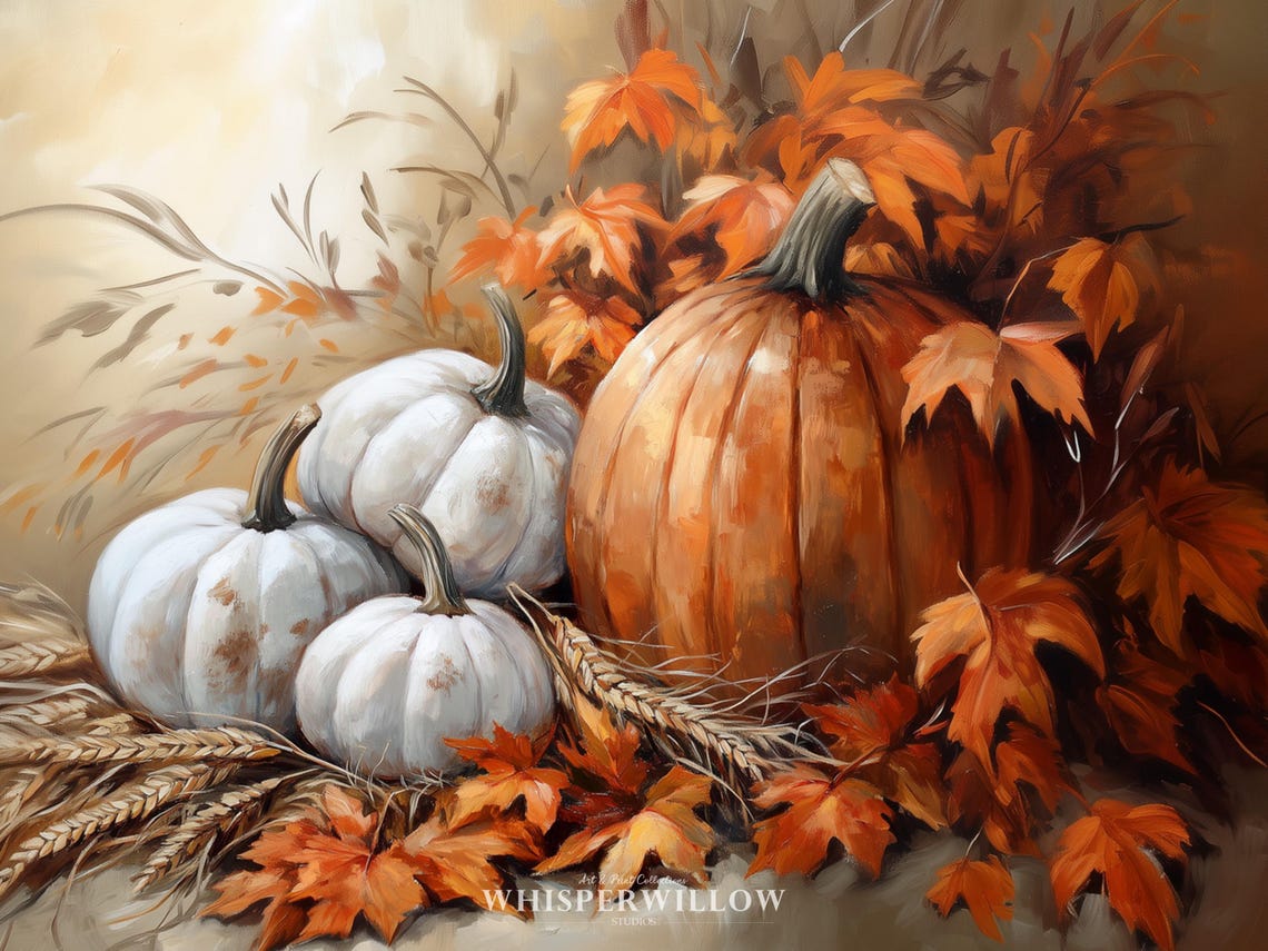 White and Orange Pumpkins with Autumn Leaves Vintage Style Poster - Image 6
