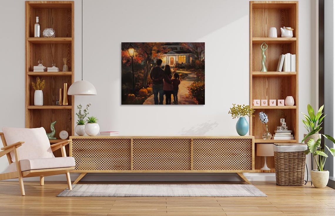 Cozy Autumn Evening Family Walk Painting Warm Fall Night Poster - Image 2