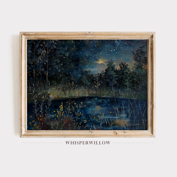 Starry Night Sky Lake Wildflower Reflections Whimsical Fireflies Painting Poster