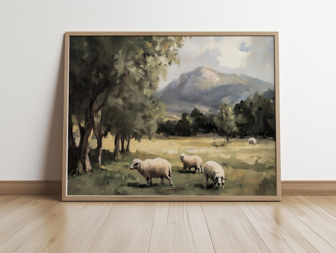 Sheep Grazing in a Green Mountain Meadow Oil Painting Poster - Image 3