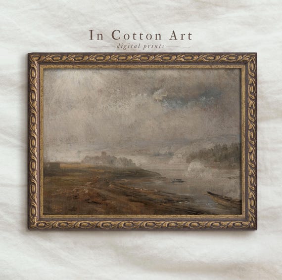 Vintage Moody Landscape Print Farmhouse Neutral Landscape Wall Art Earthy Misty River Scene Fine Art P268
