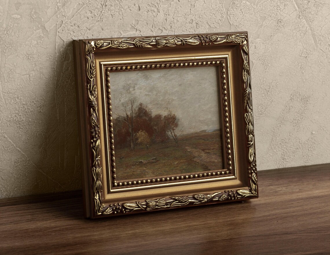 Muted Autumn Meadow Fall Trees Vintage Landscape Oil Painting - Image 3