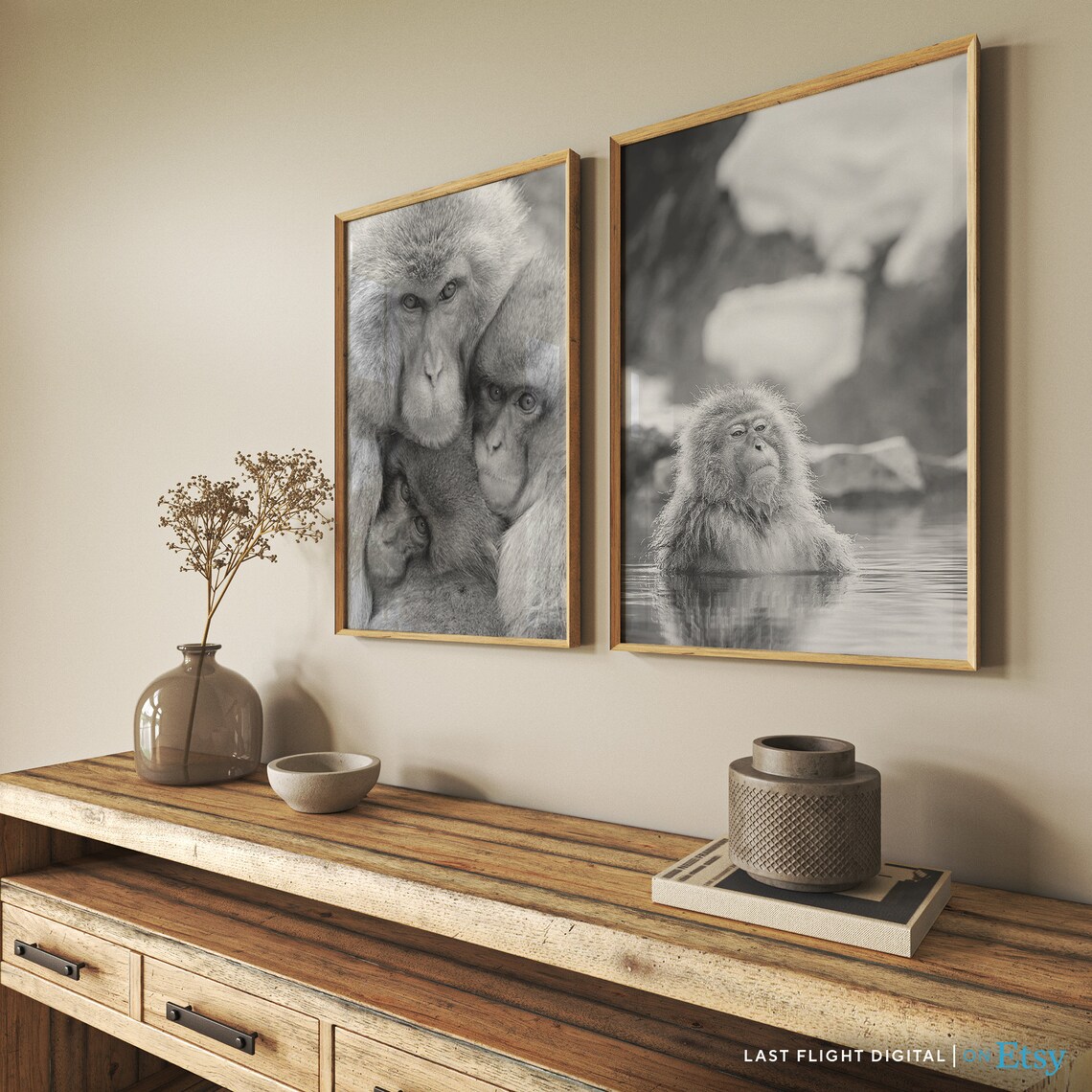 Japanese Snow Monkey Hot Spring Bath Black And White Photo Poster - Image 4