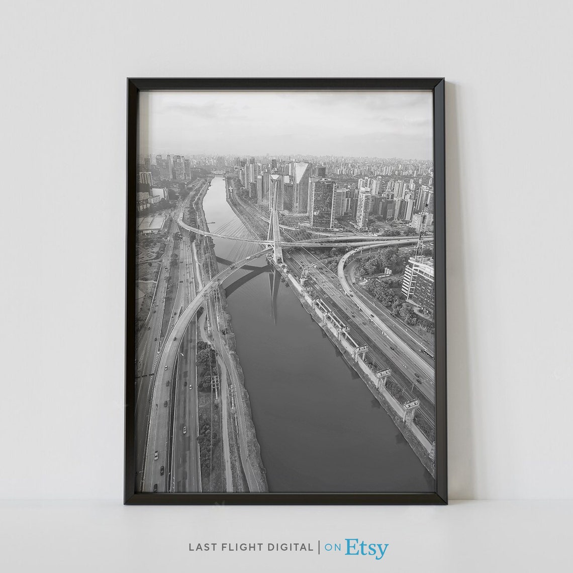 Brazil Sao Paulo Ponte Estaiada Bridge Aerial River Black White Poster