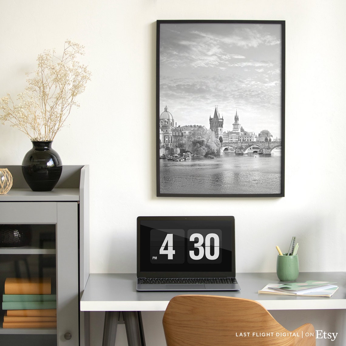 Prague Charles Bridge Vltava River Black And White Photo Poster - Image 2