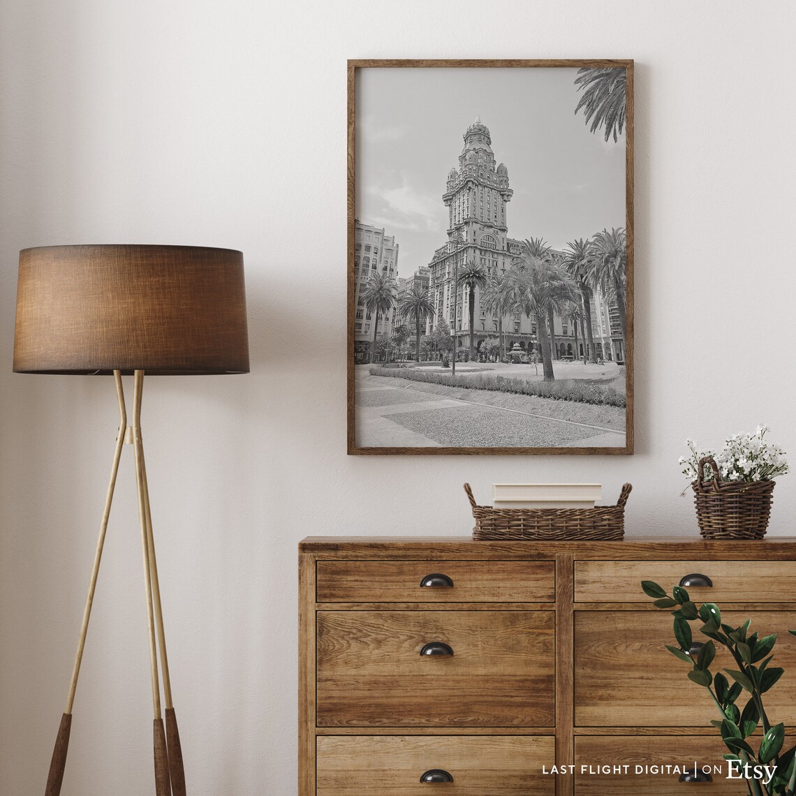 Montevideo Uruguay Salvo Palace Palm Trees Black White Poster - Image 2