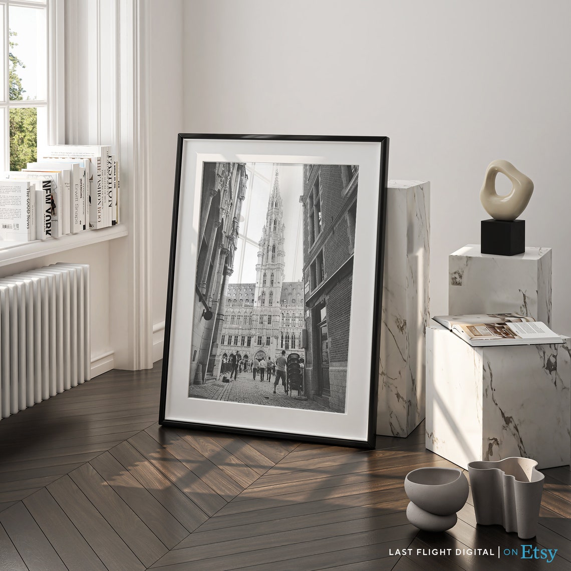 Brussels Belgium Grand Place Town Hall Tower Black White Poster - Image 3