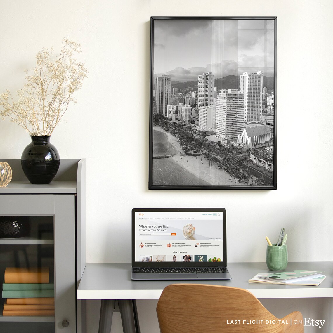 Honolulu Hawaii Waikiki Beach Hotels Coastline Black White Poster - Image 2