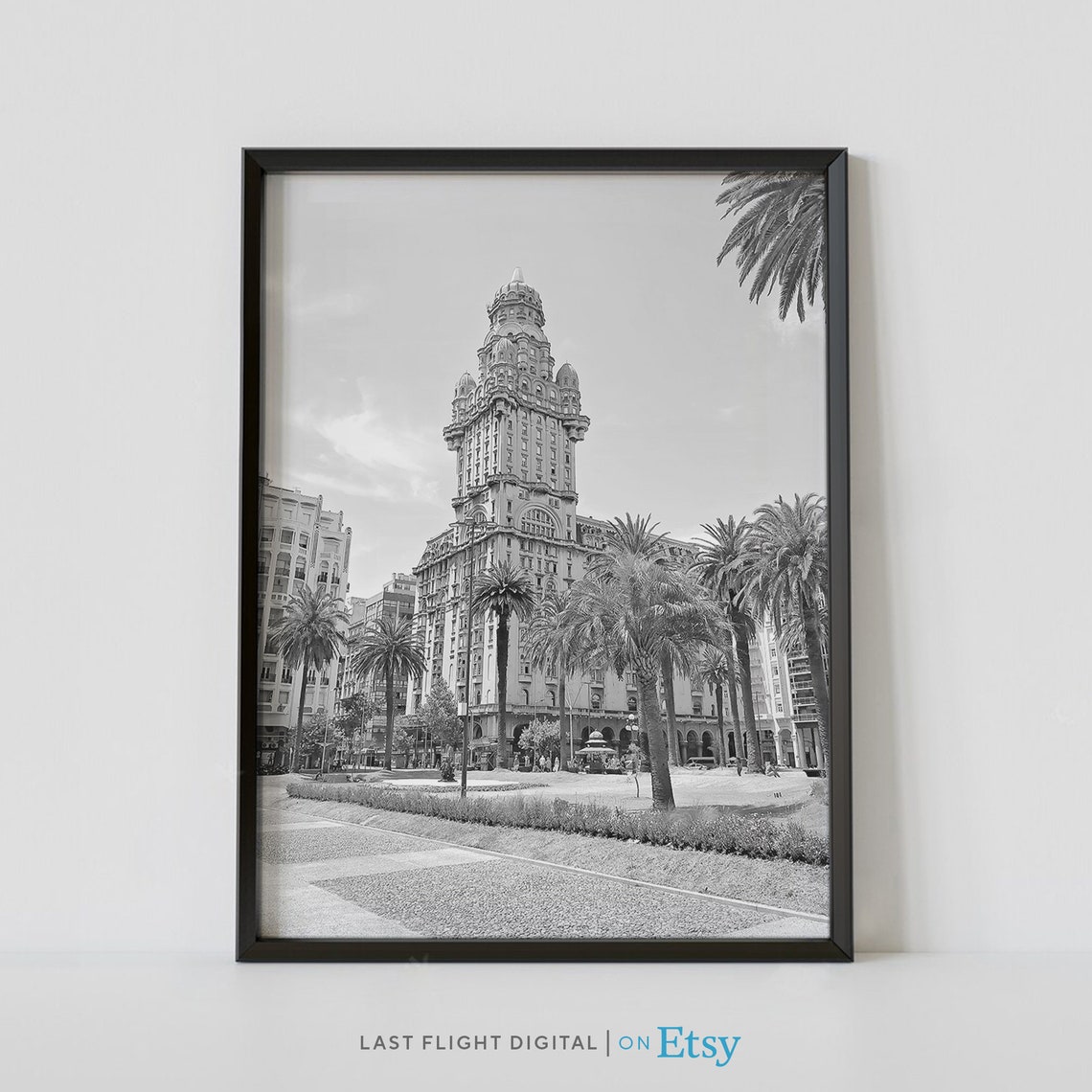 Montevideo Uruguay Salvo Palace Palm Trees Black White Poster