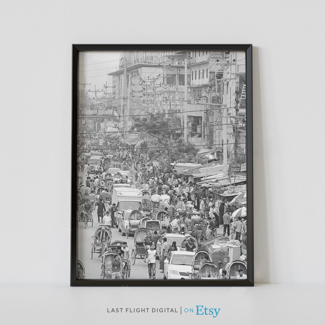 Bangladesh Dhaka Rickshaw Crowded Street Scene Black White Poster