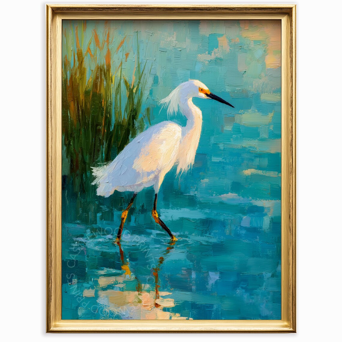 Snowy Egret Wading in Teal Coastal Water Impressionist Bird Poster