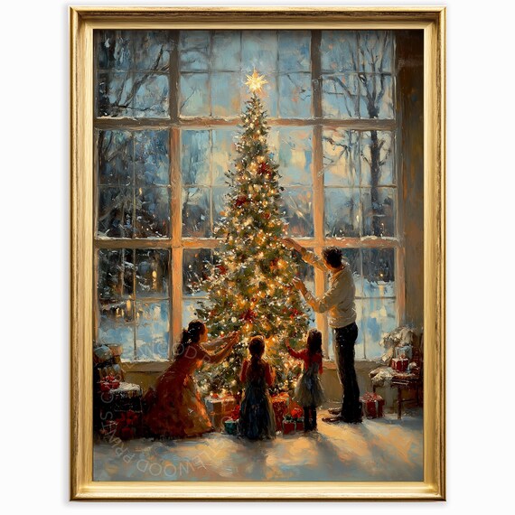 Family Decorating Christmas Tree Cozy Vintage Holiday Wall Art