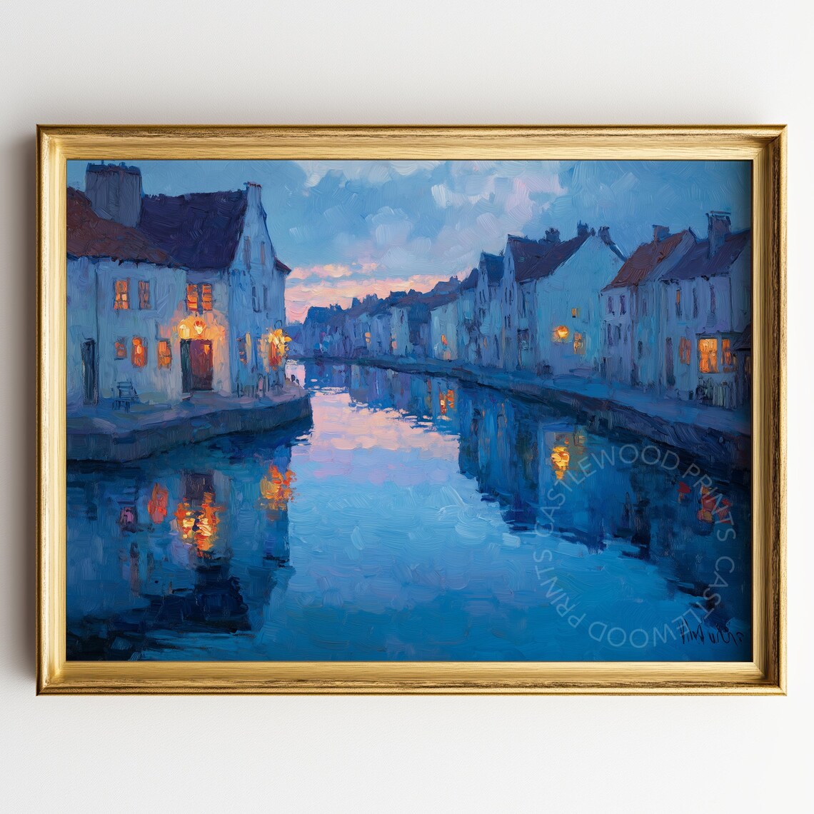 Twilight Canal Town Blue Hour Waterside Houses Oil Painting Poster