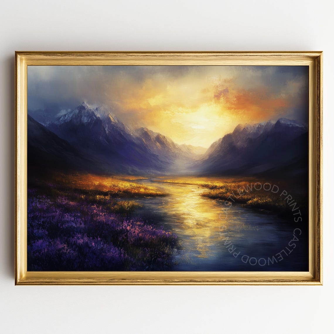 Majestic Sunset River Valley With Purple Wildflowers And Peaks Poster