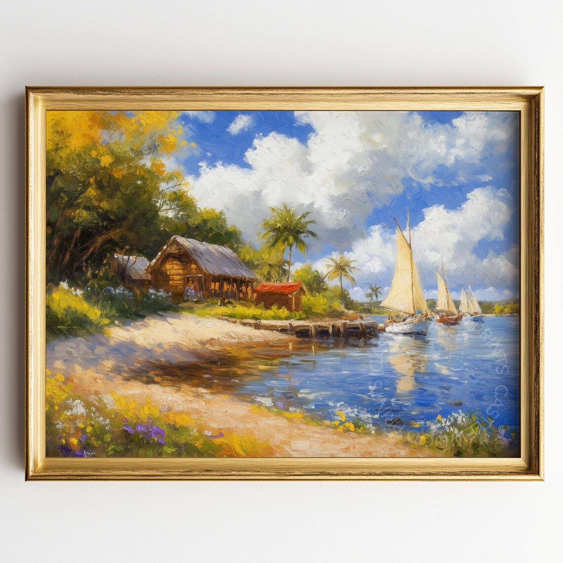 Rustic Huts By The Shore With Sailboats And Wildflowers Painting Poster