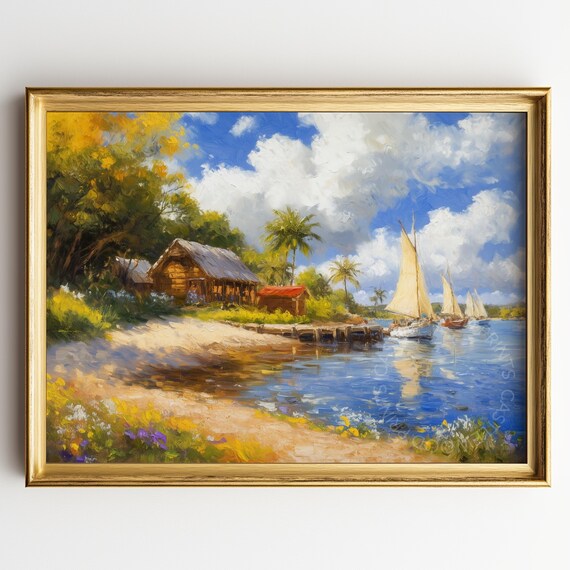 Rustic Huts By The Shore With Sailboats And Wildflowers Painting Poster