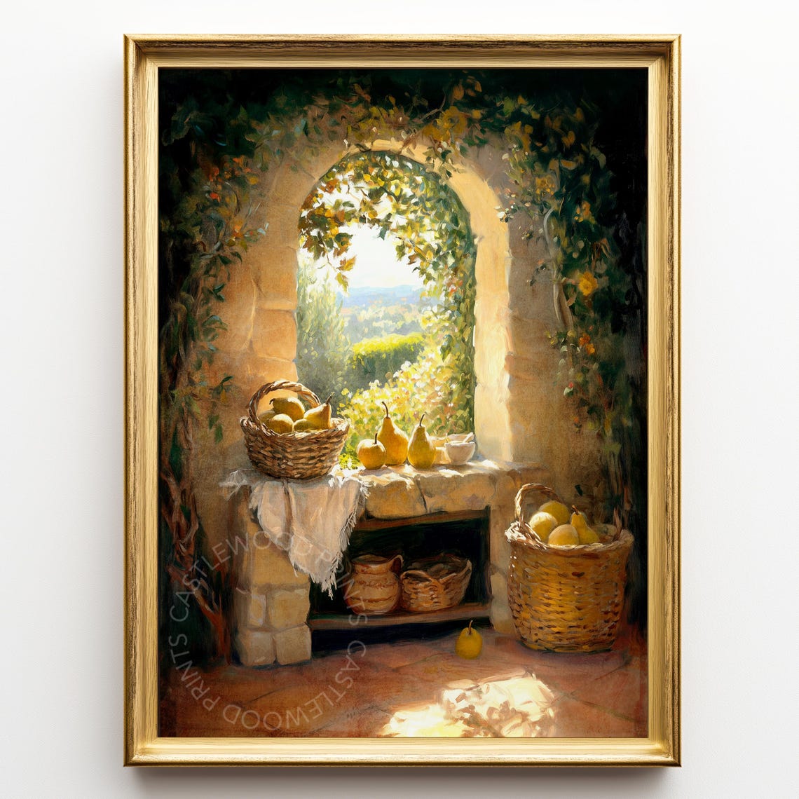 Sunlit Stone Archway Pear Baskets Mediterranean Garden Fine Art Poster