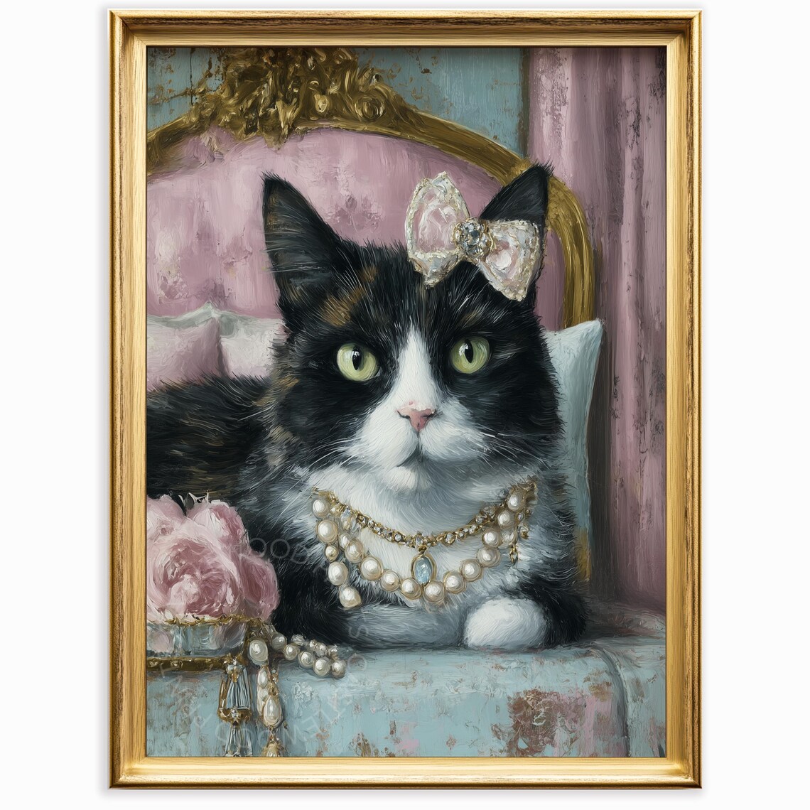 Victorian Cat Portrait With Pearl Necklace And Bow Elegant Feline Wall Art