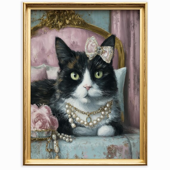 Victorian Cat Portrait With Pearl Necklace And Bow Elegant Feline Wall Art