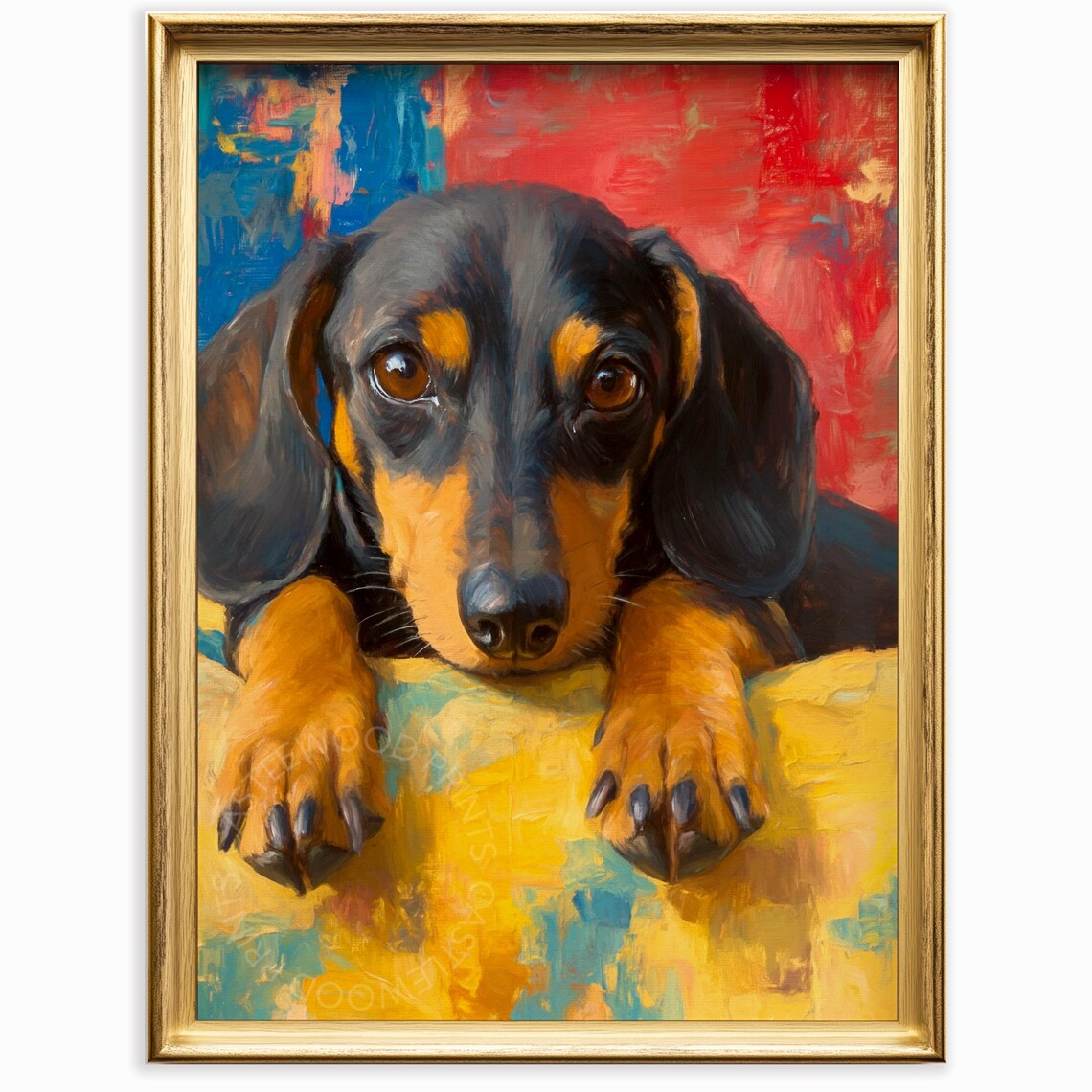Black Tan Dachshund Oil Portrait Resting Paws Bold Colorful Poster