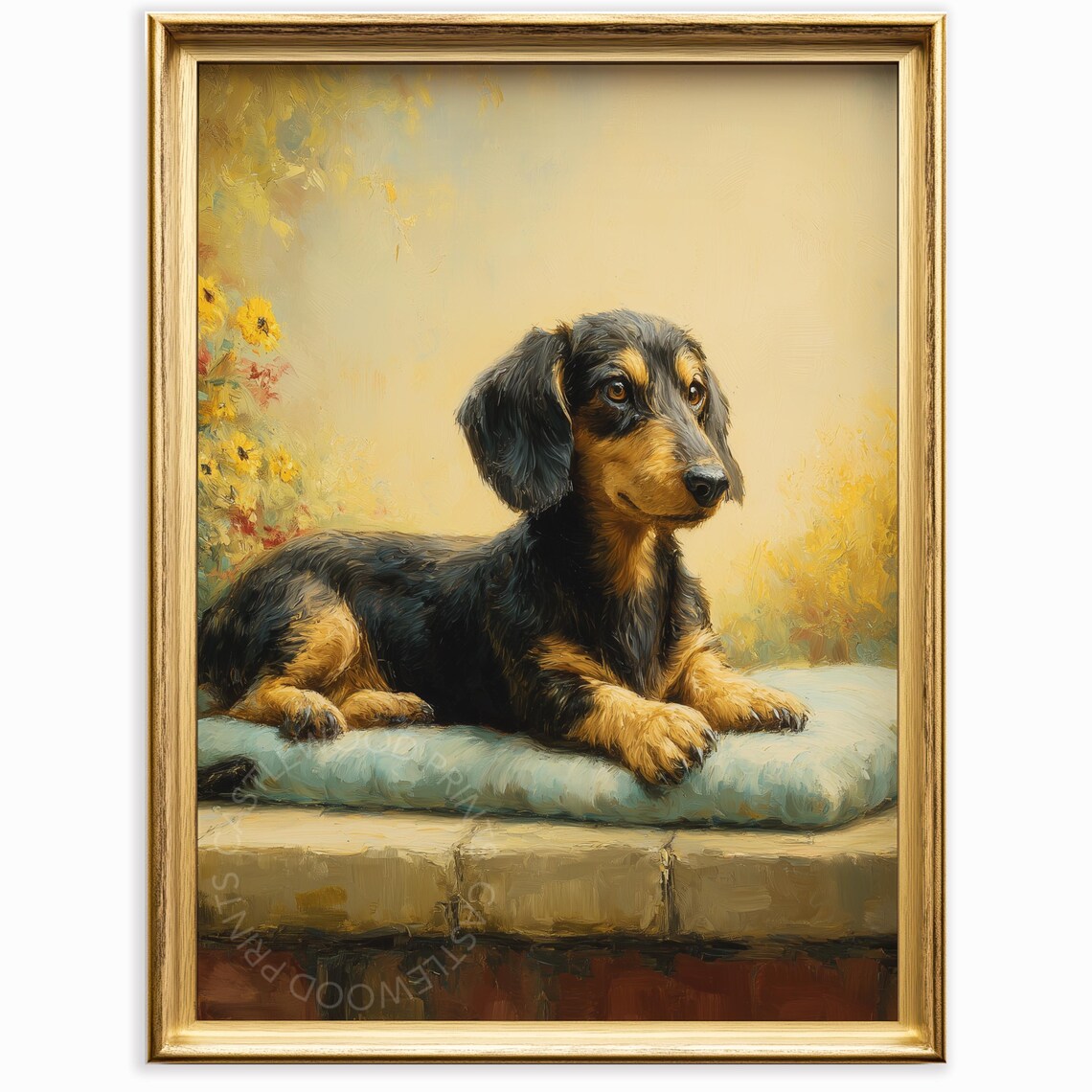 Black Tan Dachshund Oil Painting Sunlit Golden Garden Scene Poster