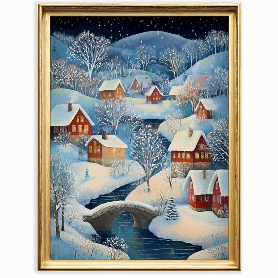 Starry Winter Night Village Red Houses Bridge Over Stream Poster