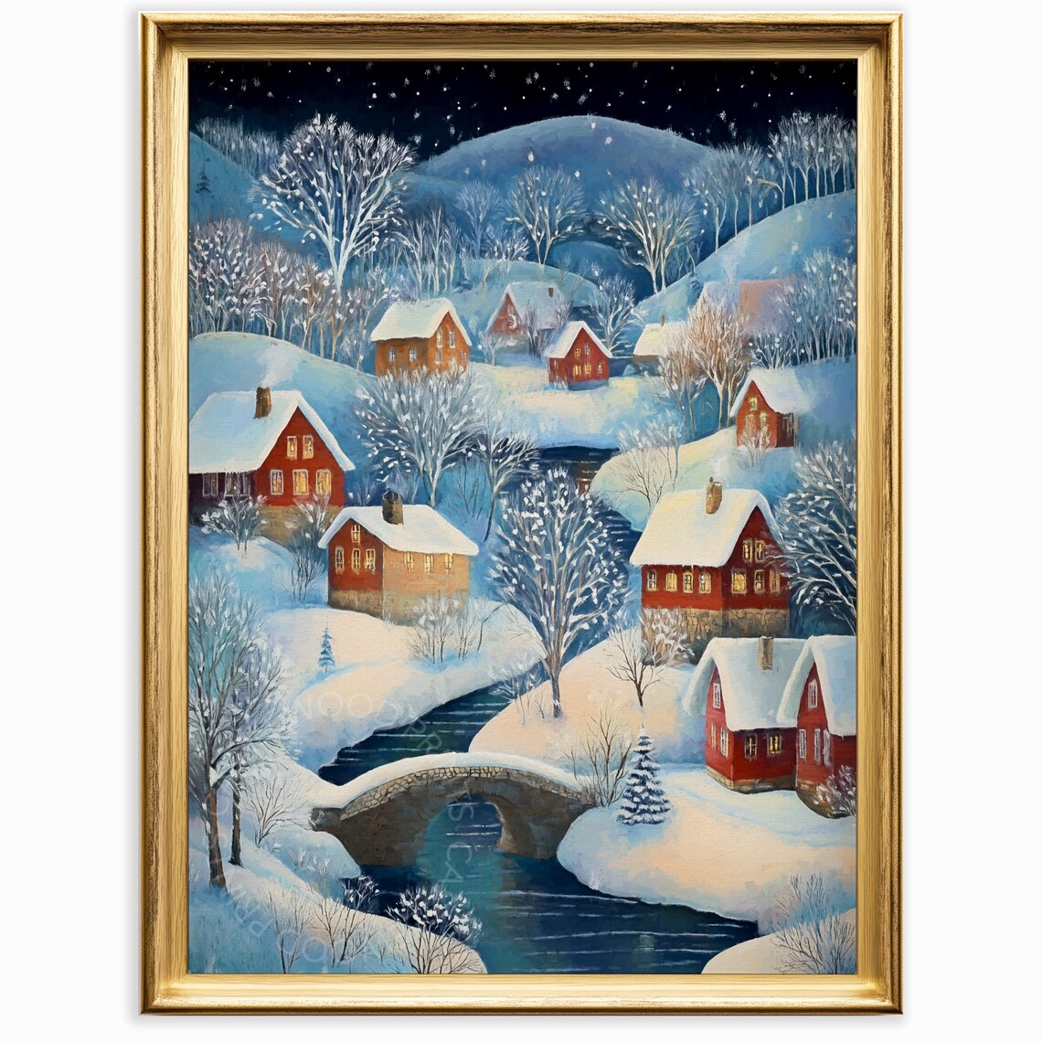 Starry Winter Night Village Red Houses Bridge Over Stream Poster