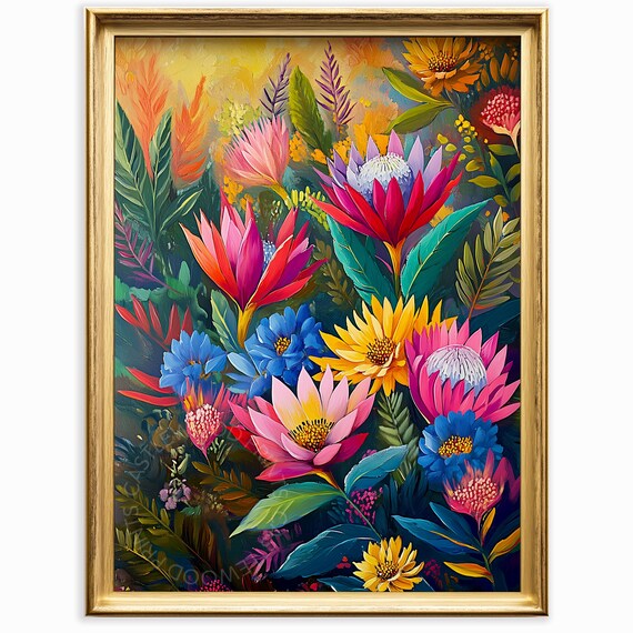 Vibrant Tropical Flower Garden Painting Colorful Botanical Wall Art Lush Nature Scene Gouache Floral Decor Print 579