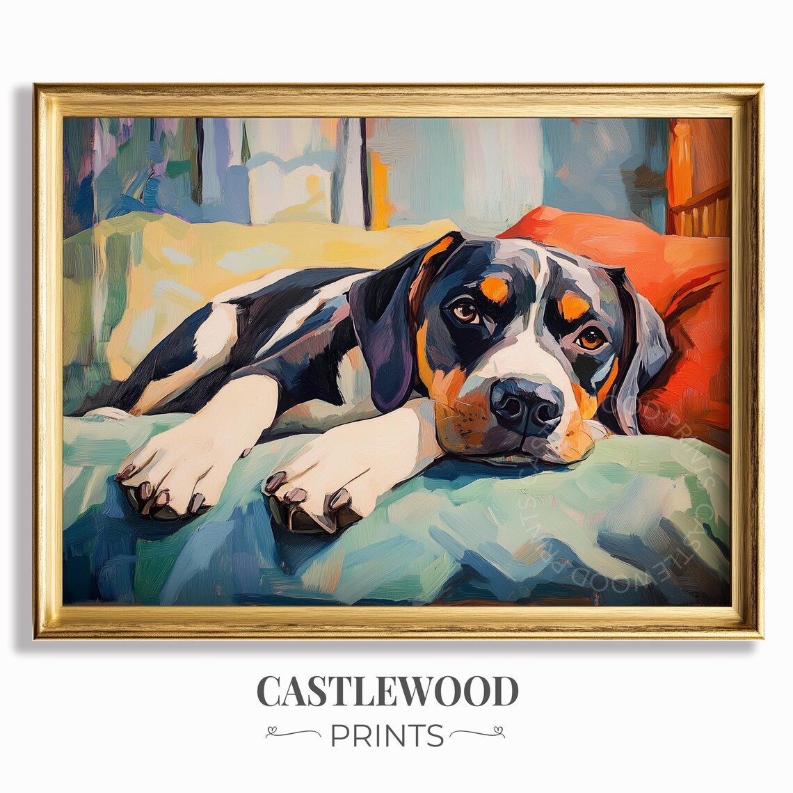 Cozy Colorful Dog Resting on Bed Oil Painting Style Fine Art Poster