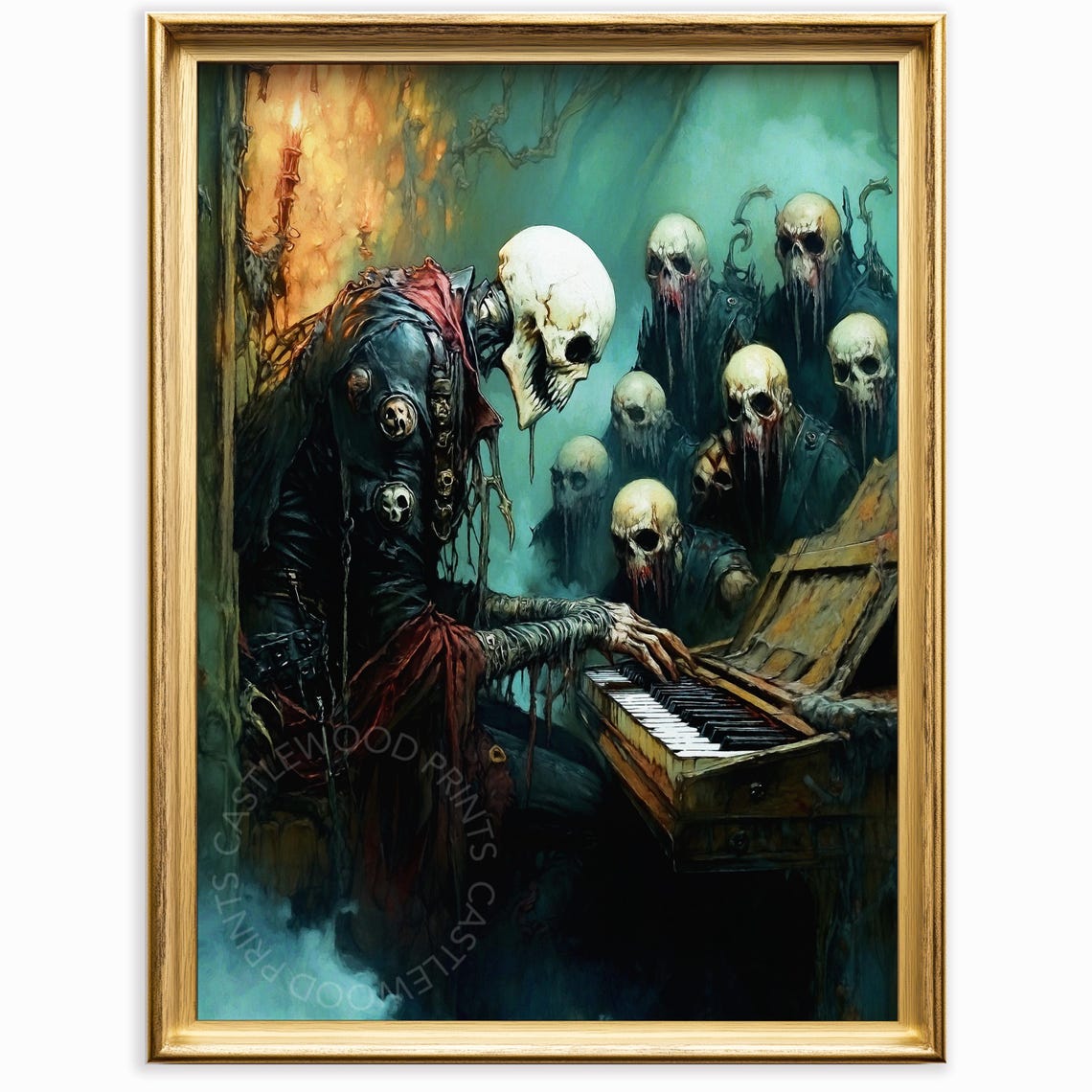 Dark Gothic Skeleton Art Eerie Skull Playing Piano Scene Moody Halloween Decor Spooky Music Room Wall Print 1062