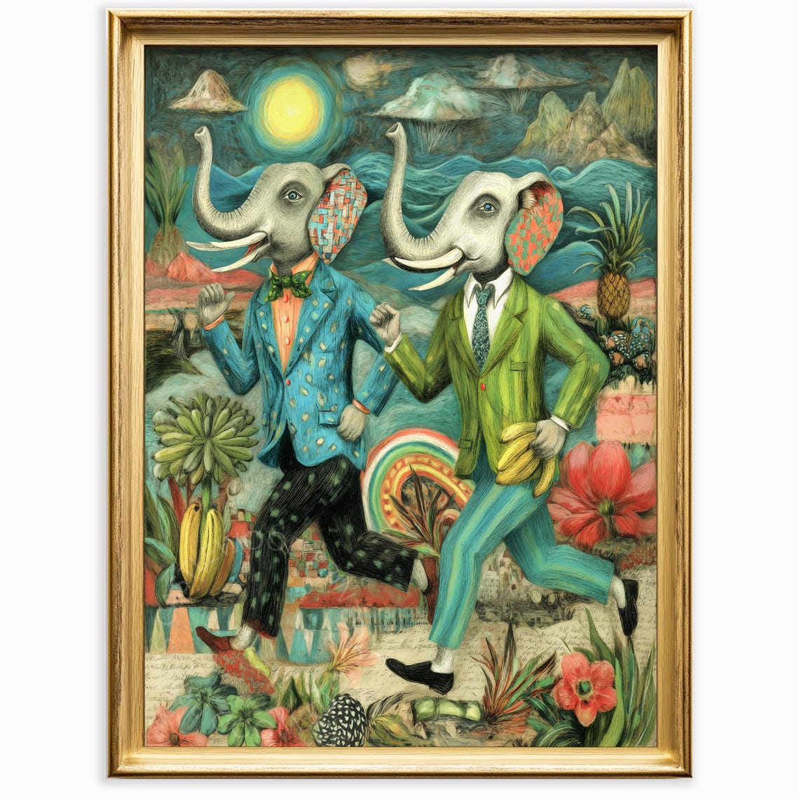 Two Elephants in Suits Walking Whimsical Surreal Jungle Art Poster