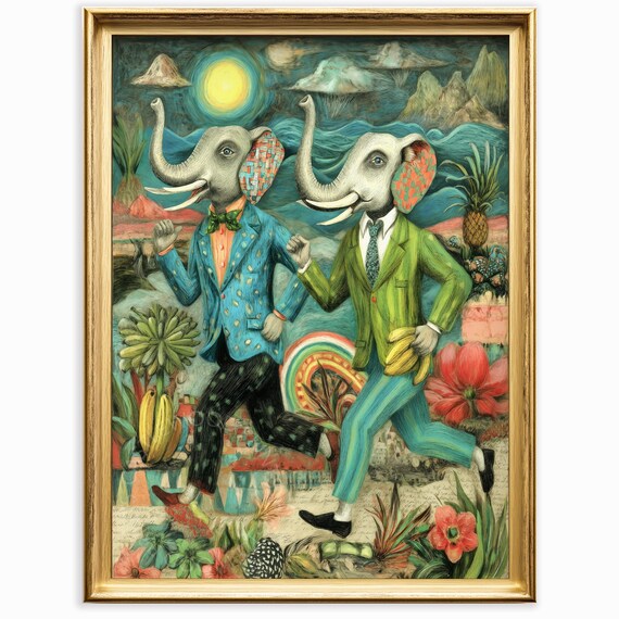 Surreal Elephant Figures In Vintage Suits Whimsical Collage Art Playful Animal Scene Wall Quirky Decor Print 854