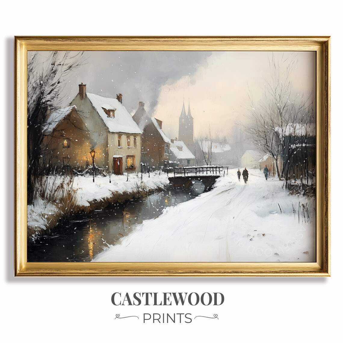 Snowy Village Street With Church Spires Winter Landscape Art Print